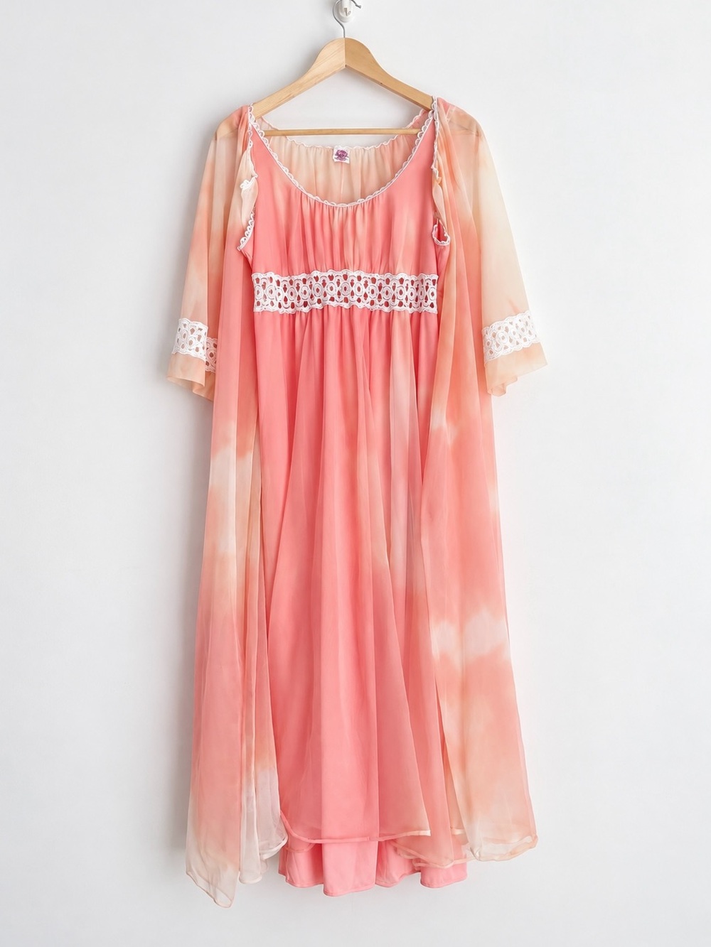 Vintage 1960s Lov Lee Peach Sheer Ombré Chiffon Peignoir Set Mod Coquette XS